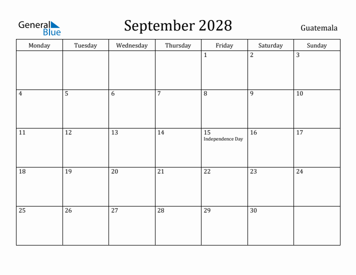 September 2028 Calendar Guatemala