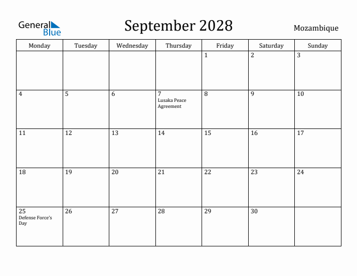 September 2028 Calendar Mozambique