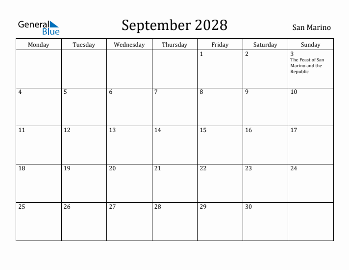 September 2028 Calendar San Marino