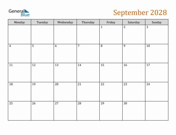 Editable September 2028 Calendar