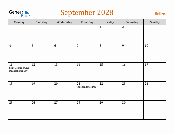 September 2028 Holiday Calendar with Monday Start