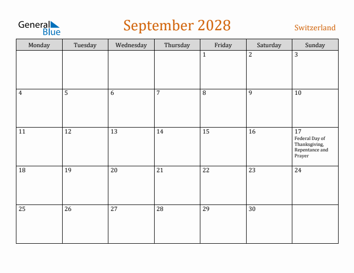 September 2028 Holiday Calendar with Monday Start