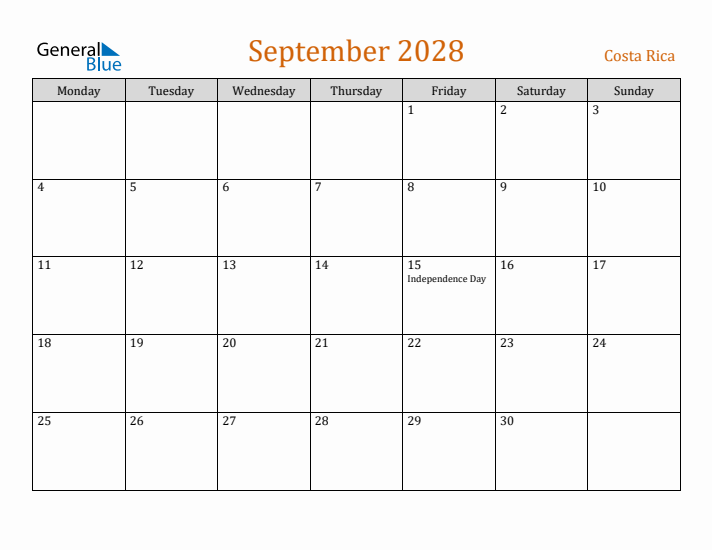 September 2028 Holiday Calendar with Monday Start