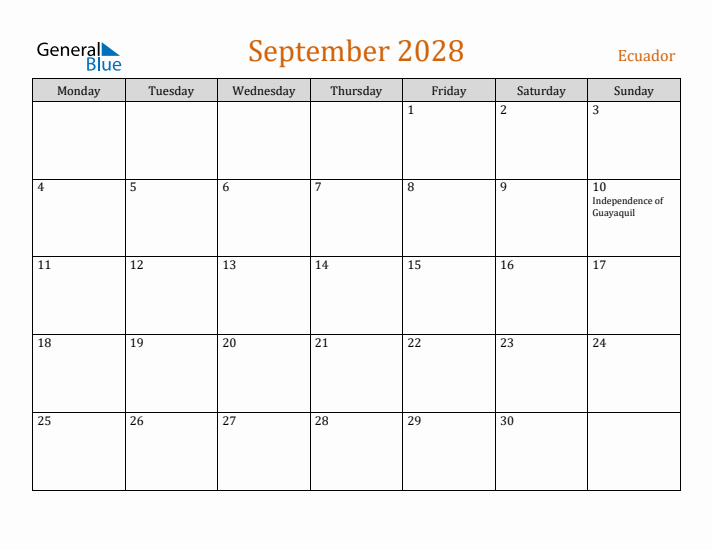 September 2028 Holiday Calendar with Monday Start