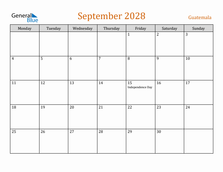 September 2028 Holiday Calendar with Monday Start