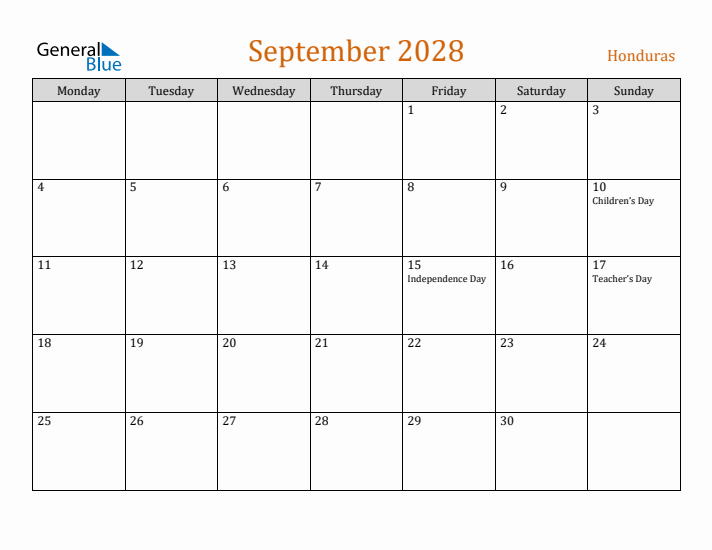 September 2028 Holiday Calendar with Monday Start