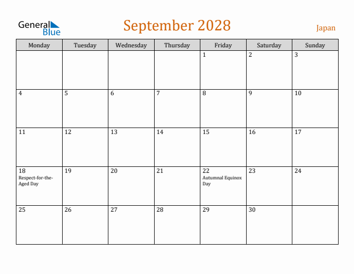 September 2028 Holiday Calendar with Monday Start