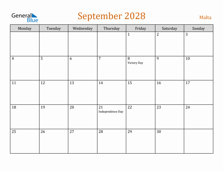 September 2028 Holiday Calendar with Monday Start