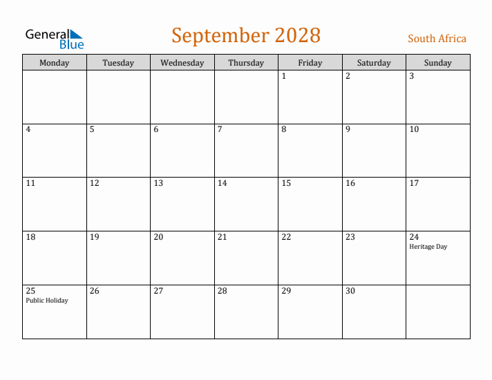 September 2028 Holiday Calendar with Monday Start