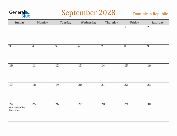 September 2028 Holiday Calendar with Sunday Start