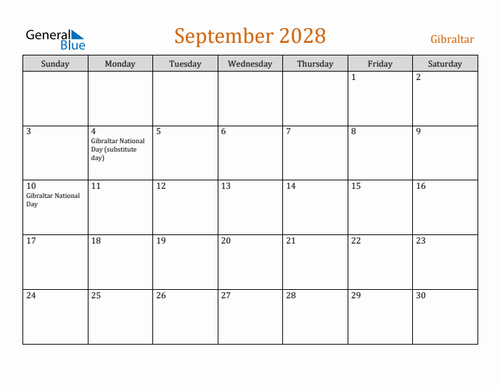 September 2028 Holiday Calendar with Sunday Start