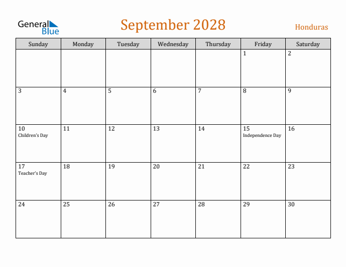 September 2028 Holiday Calendar with Sunday Start