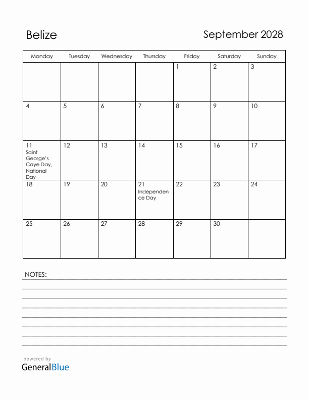 September 2028 Belize Calendar with Holidays (Monday Start)