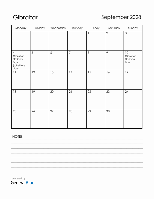 September 2028 Gibraltar Calendar with Holidays (Monday Start)