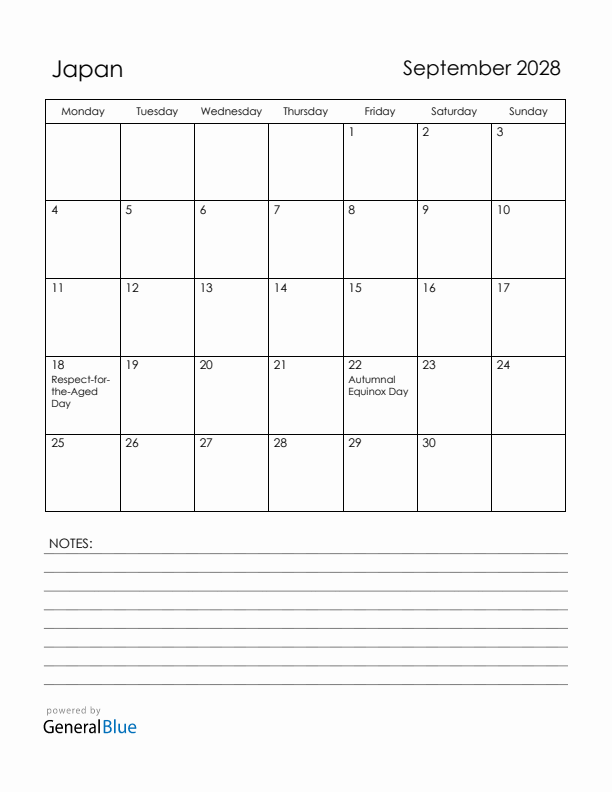 September 2028 Japan Calendar with Holidays (Monday Start)