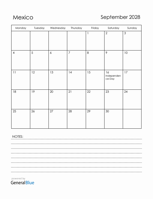 September 2028 Mexico Calendar with Holidays (Monday Start)