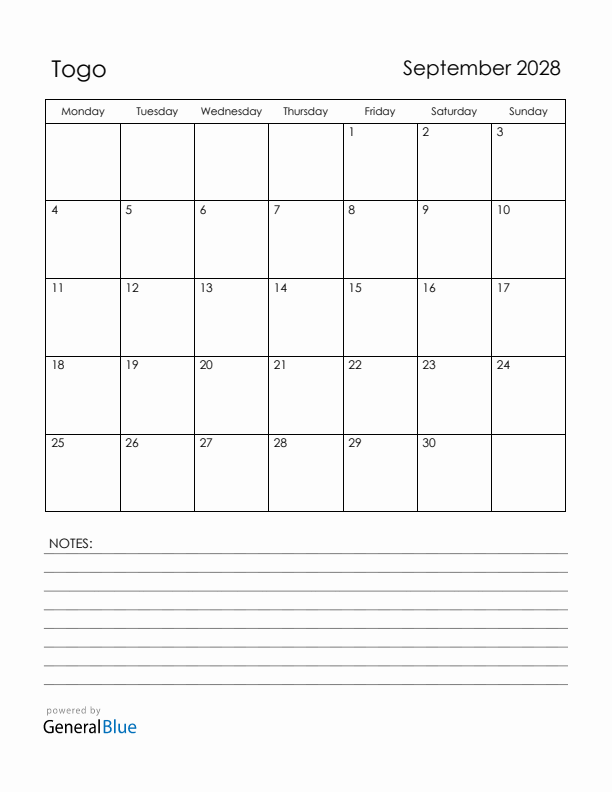 September 2028 Togo Calendar with Holidays (Monday Start)