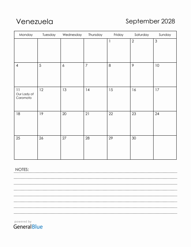 September 2028 Venezuela Calendar with Holidays (Monday Start)