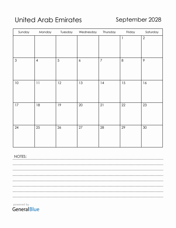 September 2028 United Arab Emirates Calendar with Holidays (Sunday Start)