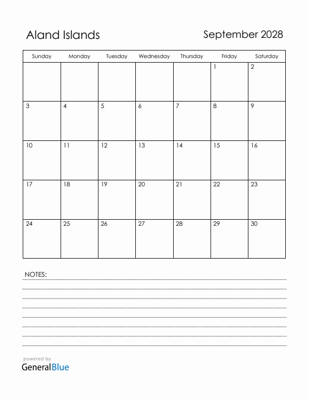 September 2028 Aland Islands Calendar with Holidays (Sunday Start)