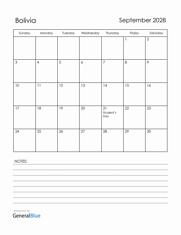 September 2028 Bolivia Calendar with Holidays (Sunday Start)