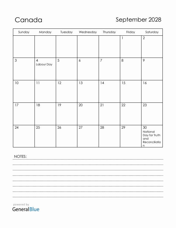 September 2028 Canada Calendar with Holidays (Sunday Start)