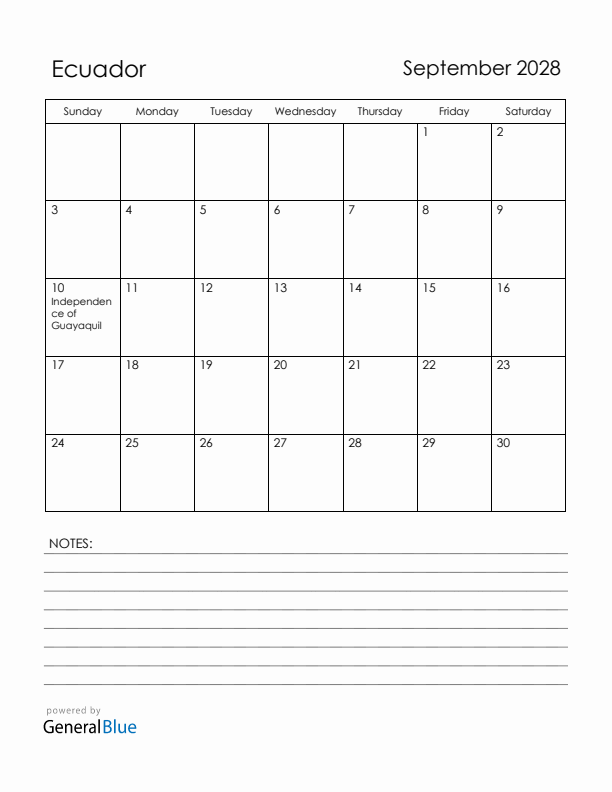 September 2028 Ecuador Calendar with Holidays (Sunday Start)