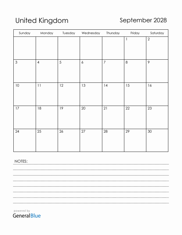 September 2028 United Kingdom Calendar with Holidays (Sunday Start)