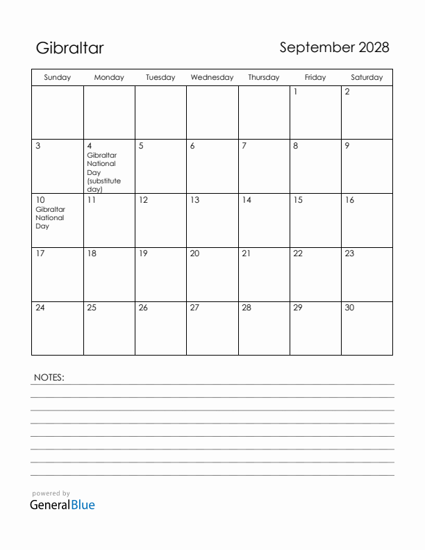 September 2028 Gibraltar Calendar with Holidays (Sunday Start)