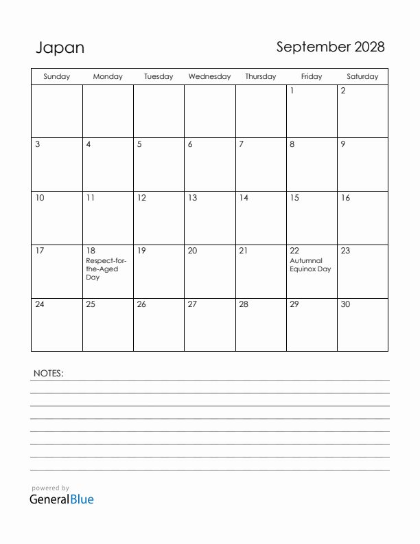 September 2028 Japan Calendar with Holidays (Sunday Start)