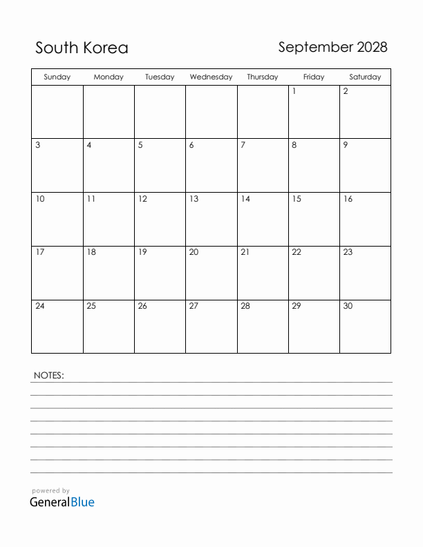 September 2028 South Korea Calendar with Holidays (Sunday Start)
