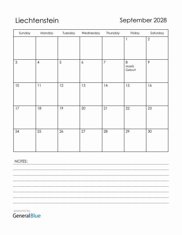 September 2028 Liechtenstein Calendar with Holidays (Sunday Start)