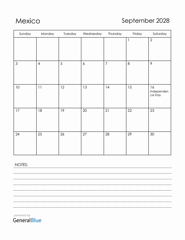 September 2028 Mexico Calendar with Holidays (Sunday Start)