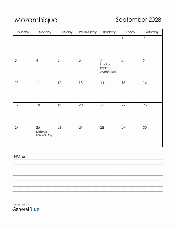 September 2028 Mozambique Calendar with Holidays (Sunday Start)