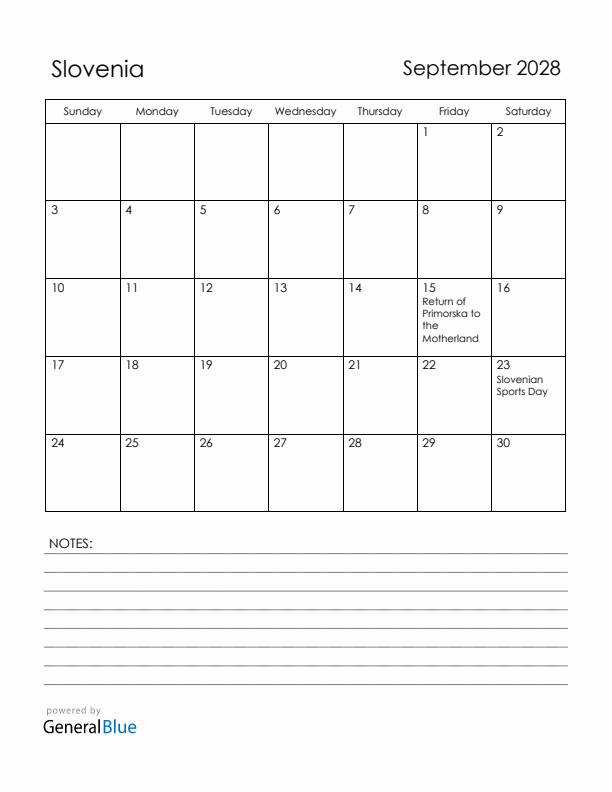 September 2028 Slovenia Calendar with Holidays (Sunday Start)