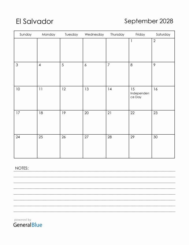 September 2028 El Salvador Calendar with Holidays (Sunday Start)