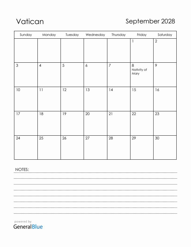 September 2028 Vatican Calendar with Holidays (Sunday Start)