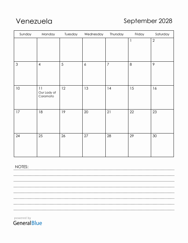 September 2028 Venezuela Calendar with Holidays (Sunday Start)