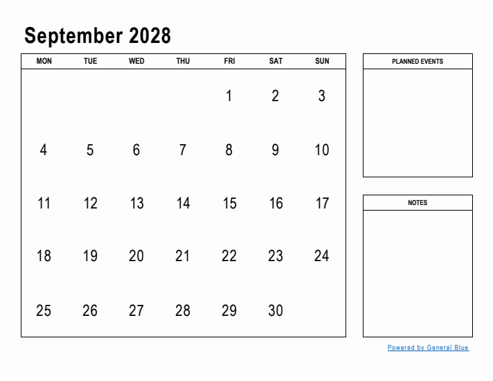 September 2028 Calendar Planner