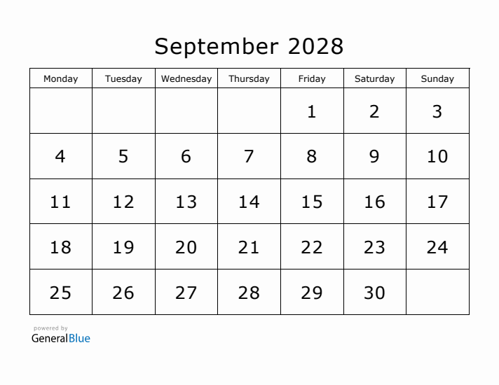 Printable September 2028 Calendar - Monday Start