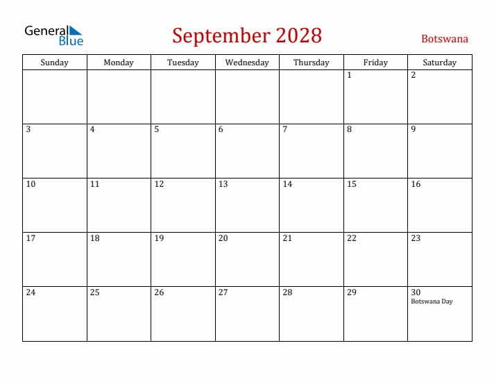 Botswana September 2028 Calendar - Sunday Start