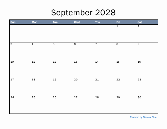 September 2028 Simple Month Calendar Template