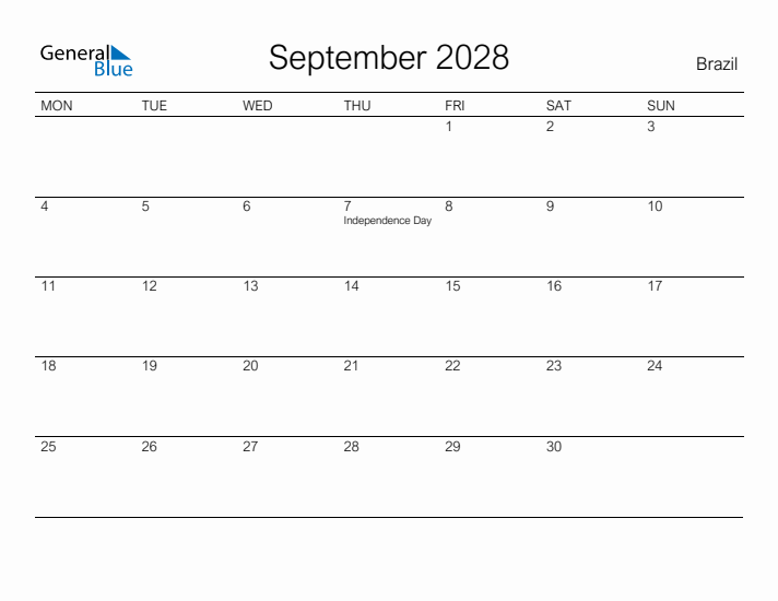 Printable September 2028 Calendar for Brazil