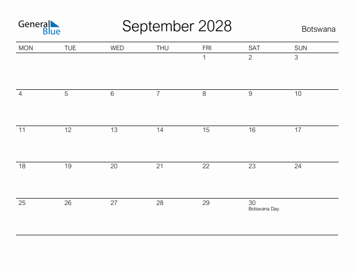 Printable September 2028 Calendar for Botswana