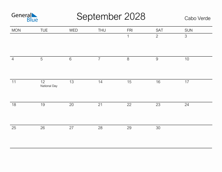 Printable September 2028 Calendar for Cabo Verde