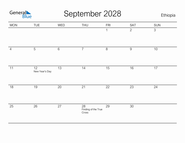 Printable September 2028 Calendar for Ethiopia