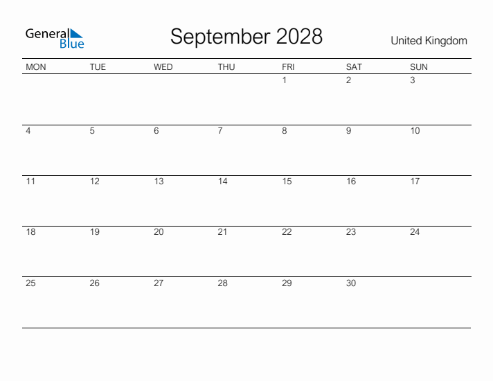 Printable September 2028 Calendar for United Kingdom