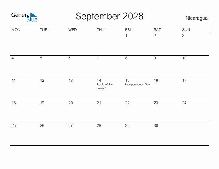 Printable September 2028 Calendar for Nicaragua