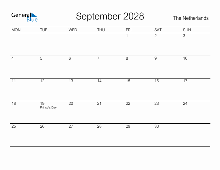 Printable September 2028 Calendar for The Netherlands