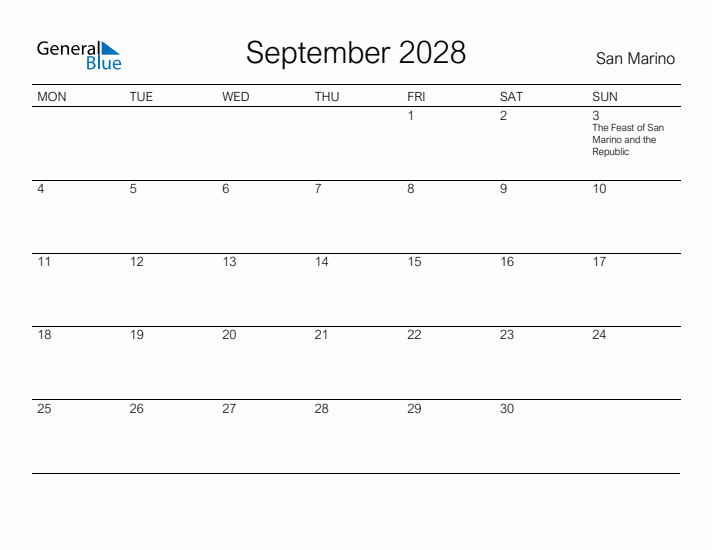 Printable September 2028 Calendar for San Marino